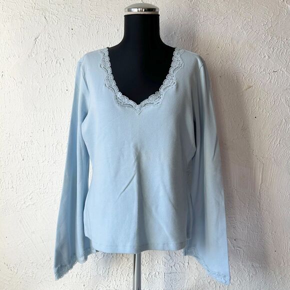 Express Light Blue Lace Trim V Neck Long Sleeve Stretch Knit Shirt - Women's XL - Picture 1 of 6